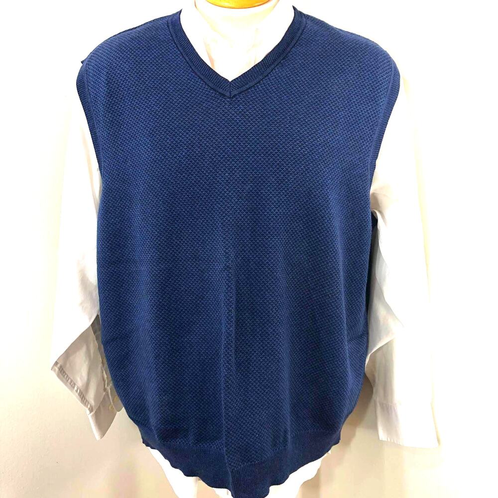 Men's Tasso Elba Golf Pullover Sweater V Neck Vest Blue Gray 100% Cotton Sz Xl